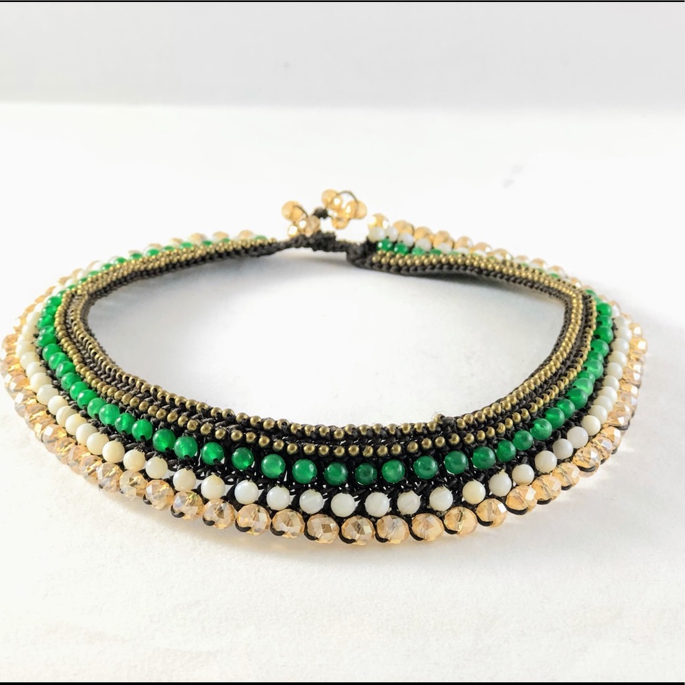 Semi precious stone and brass bead woven necklace